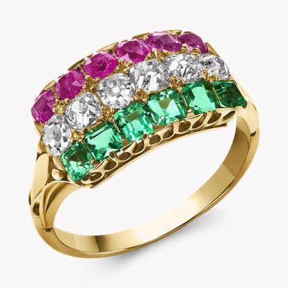 Three Row Ruby, Diamond and Emerald Ring