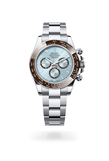 Cosmograph Daytona * Oyster, 40 mm, platinum with a Ice blue, chestnut brown counter rings Chestnut brown monobloc Cerachrom bezel in ceramic with moulded numerals and graduations bezel and Oyster, three-piece solid links bracelet