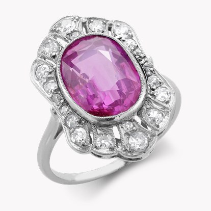 Edwardian Burmese Pink Sapphire Halo Ring 4.28ct in Platinum