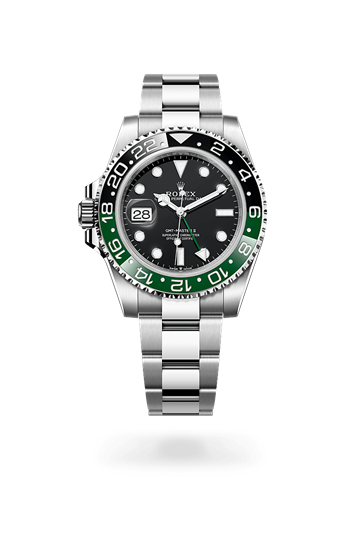 GMT-Master II * Oyster, 40 mm, Oystersteel with a Black Bidirectional rotatable 24-hour graduated bezel. Two-colour green and black Cerachrom insert in ceramic, moulded numerals and graduations bezel and Oyster, three-piece solid links bracelet