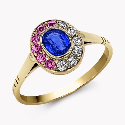 Belle Époque 0.55ct Sapphire, Ruby and Diamond Cluster Ring in 18ct Yellow Gold 