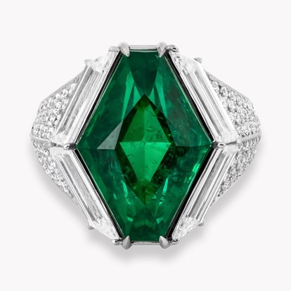 Hexagonal Cut 7.978ct Zambian Emerald and Diamond Ring