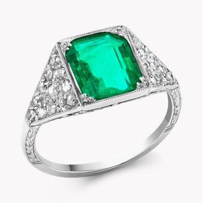 Edwardian Octagonal Cut 1.80ct Emerald and Diamond Ring In Platinum