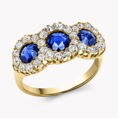 Old Cut Sapphire and Diamond Three Stone Ring in 18ct Yellow Gold