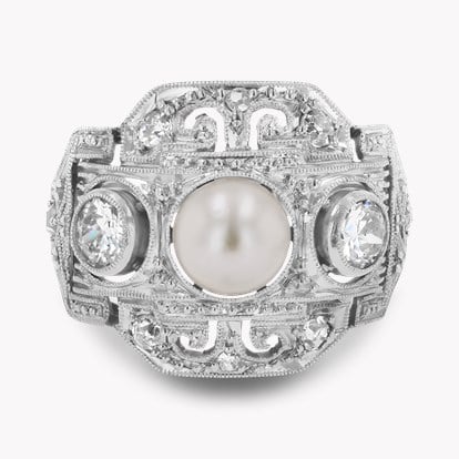 Edwardian Pearl and Old European Cut Diamond Curved Plaque Ring