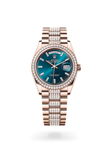 Day-Date 36 * Oyster, 36 mm, Everose gold and diamonds with a Blue-green set with diamonds Diamond-set bezel and Diamond-set President bracelet