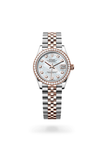 Datejust 31 * Oyster, 31 mm, Oystersteel, Everose gold and diamonds with a White mother-of-pearl set with diamonds Diamond-set bezel and Jubilee, five-piece links bracelet