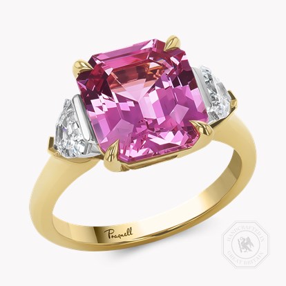Masterpiece 5.15ct Emerald Cut Tanzania Strawberry Spinel and Diamond Ring in 18ct Yellow Gold and Platinum