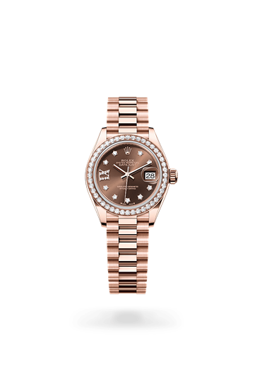 Lady-Datejust * Oyster, 28 mm, Everose gold and diamonds with a Chocolate set with diamonds Diamond-set bezel and President, semi-circular three-piece links bracelet