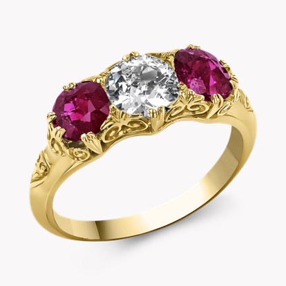 Victorian 1.55ct Ruby and Diamond Three Stone Ring in 18ct Yellow Gold