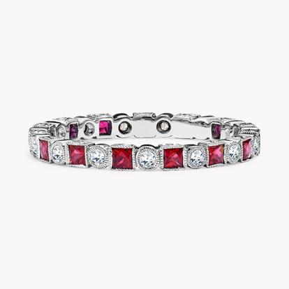 Princess Cut Ruby and Diamond Eternity Ring - Princess Cut 0.94ct in 18ct White Gold