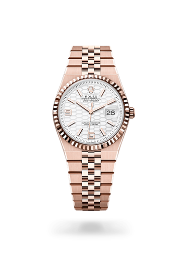 Land-Dweller 36 * Oyster, 36 mm, Everose gold with a Intense white, honeycomb motif Fluted bezel and Flat Jubilee, five-piece solid links bracelet