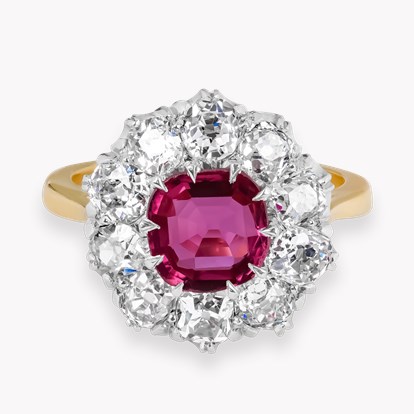 Antique Cushion Cut 1.30ct Ruby and Diamond Cluster Ring