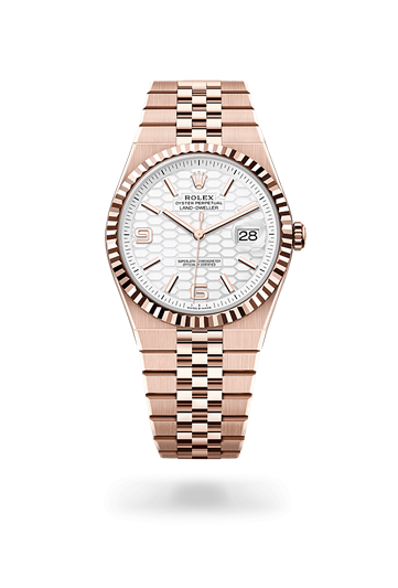 Land-Dweller 40 * Oyster, 40 mm, Everose gold with a Intense white, honeycomb motif Fluted bezel and Flat Jubilee, five-piece solid links bracelet