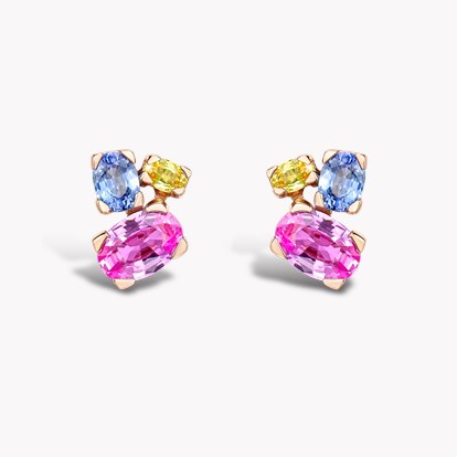 Rainbow Multi Sapphire Stud Earrings 1.64ct in 18ct Rose Gold