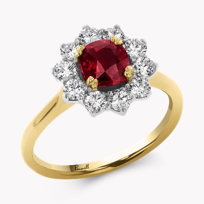 Cushion Cut 1.15ct Mozambique Ruby and Diamond Cluster Ring in 18ct Yellow Gold and Platinum