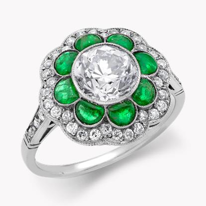 Art Deco Diamond and Emerald Cluster Ring 1.26ct in Platinum