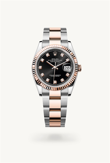 Datejust 36 * Oyster, 36 mm, Oystersteel and Everose gold with a Bright black set with diamonds Fluted bezel and Oyster, three-piece solid links bracelet