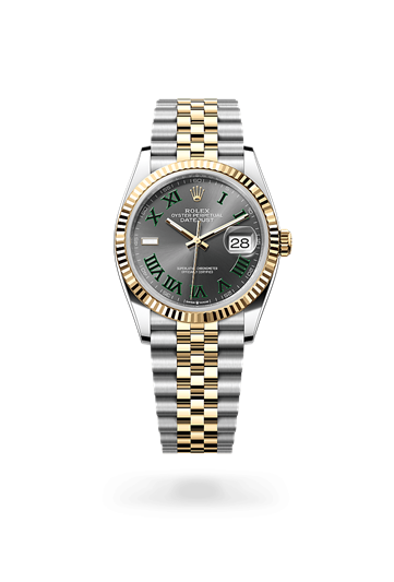 Datejust 36 * Oyster, 36 mm, Oystersteel and yellow gold with a Olive green set with diamonds Fluted bezel and Jubilee, five-piece links bracelet