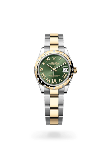 Datejust 31 * Oyster, 31 mm, Oystersteel, yellow gold and diamonds with a Olive green set with diamonds Domed, set with diamonds bezel and Oyster, three-piece solid links bracelet