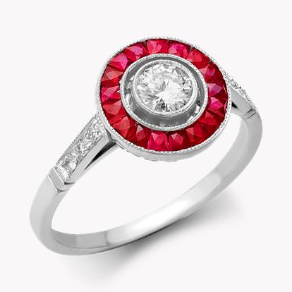 Art Deco Inspired 0.34ct Diamond and Ruby Target Ring in Platinum