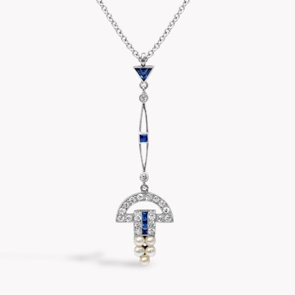 Trillion Cut Sapphire, Diamond and Pearl Pendant