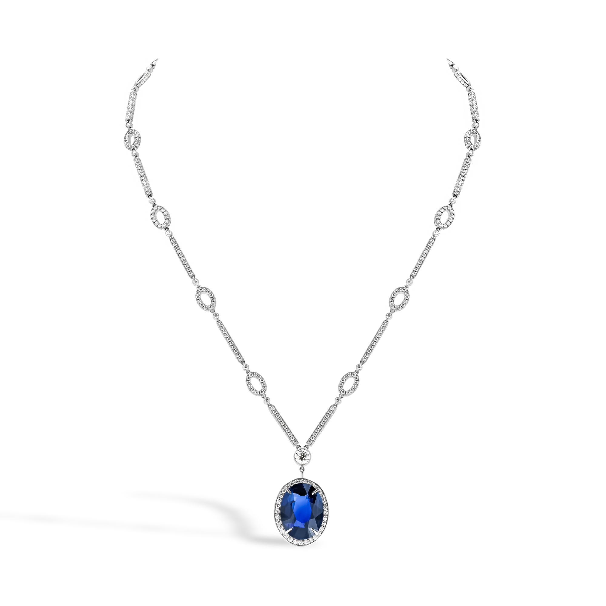 Masterpiece Sri-Lankan Sapphire and Diamond Drop Necklace Oval & Brilliant Cut, Claw Set_2