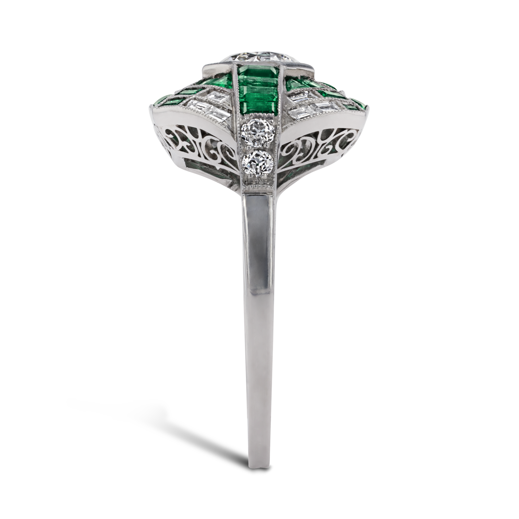 Art Deco Inspired 0.92ct Emerald and Diamond Cluster Ring Octagon Cut, Millegrain Set_4