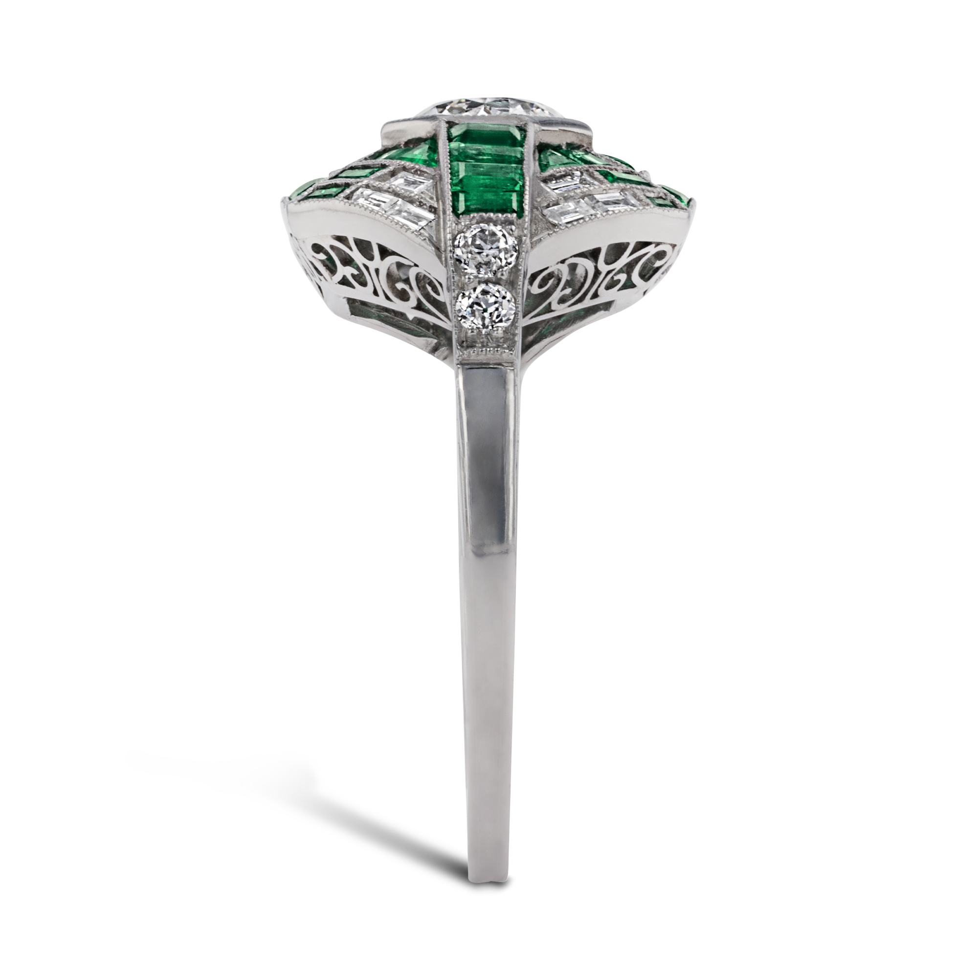 Art Deco Inspired Octagonal Diamond & Emerald Dress Ring Octagon Cut, Millegrain Set_4