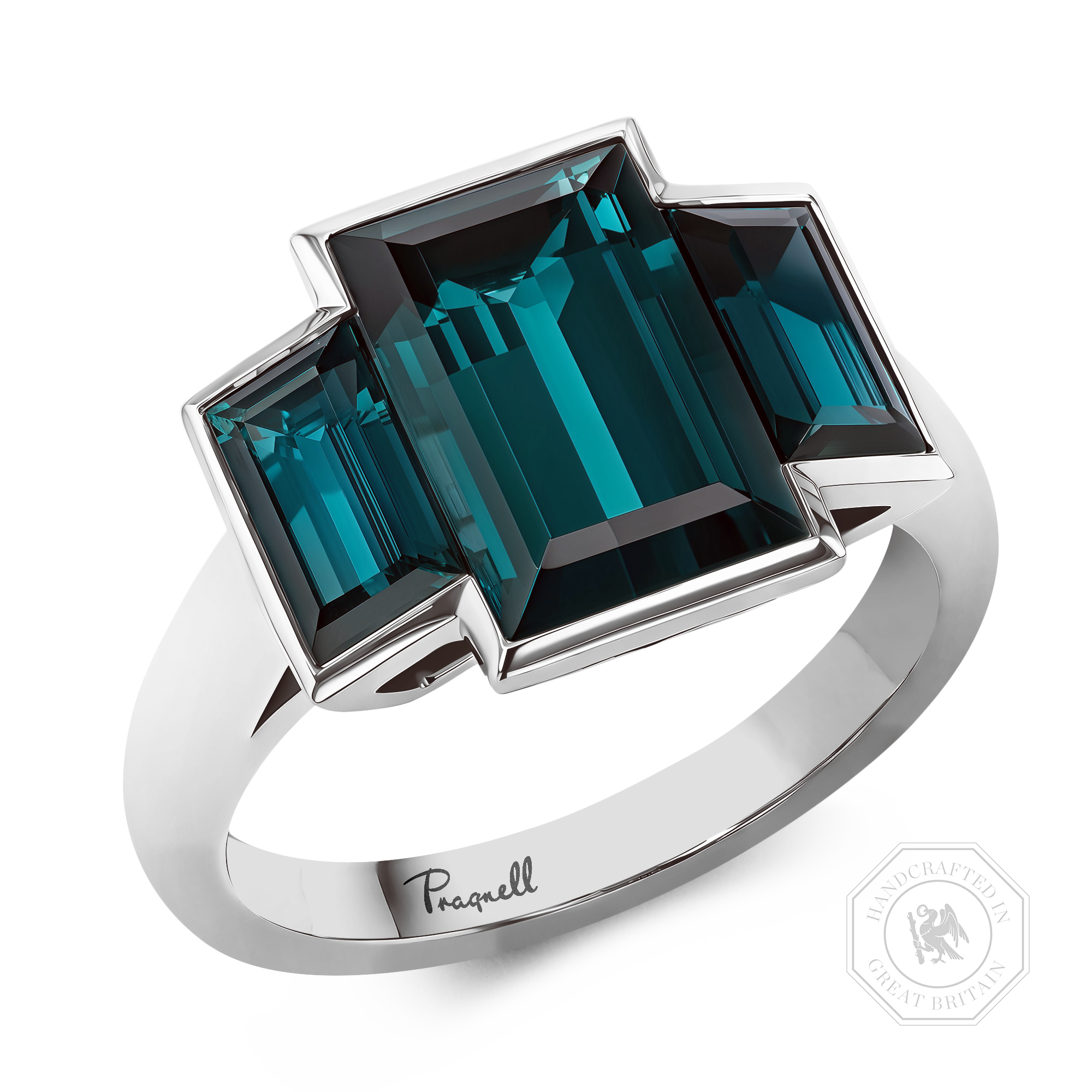 Kingdom Three Stone Indicolite Tourmaline Ring Baguette Cut, Rubover Set_1