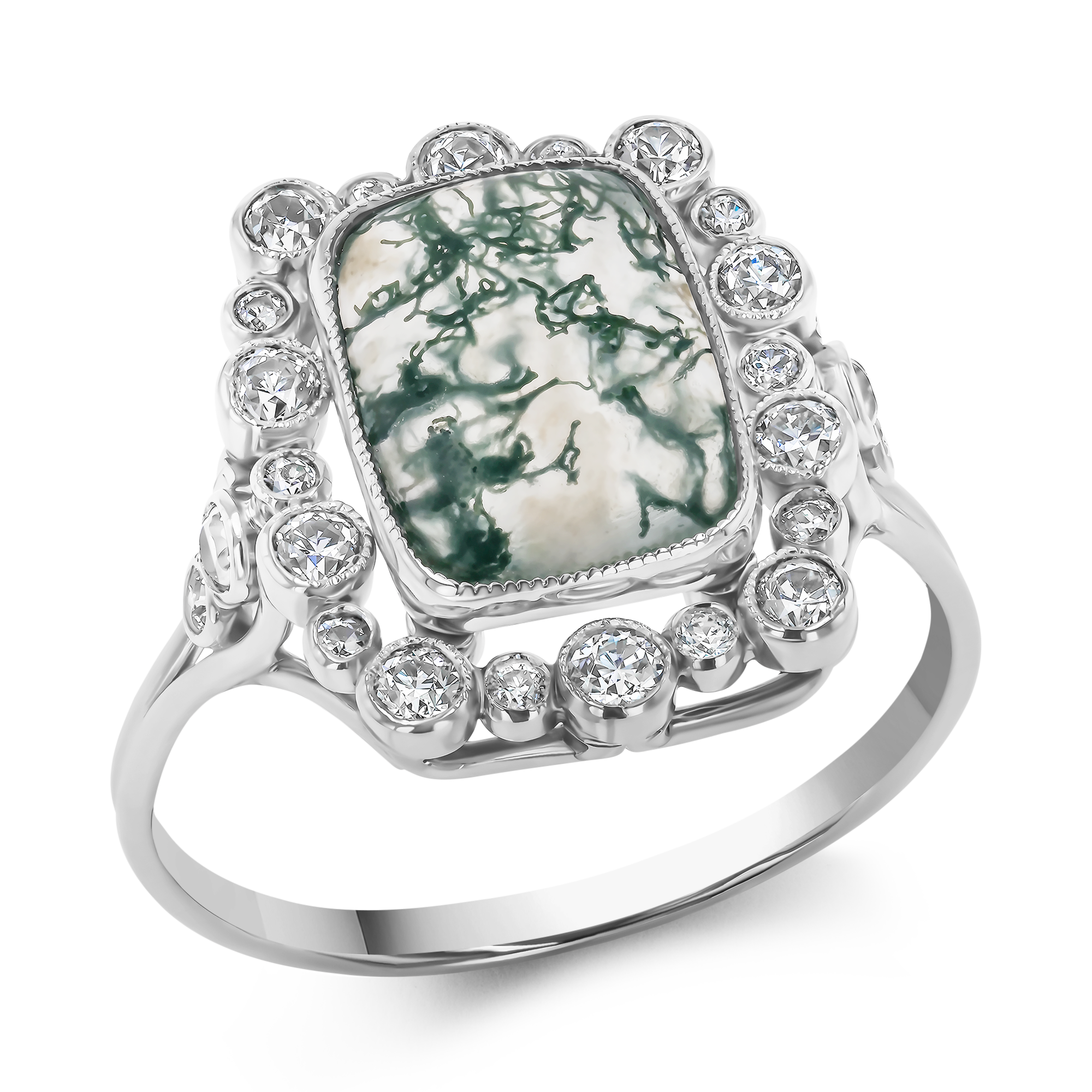 Moss Agate and Diamond Cluster Ring Old European Cut, Millegrain Set_1