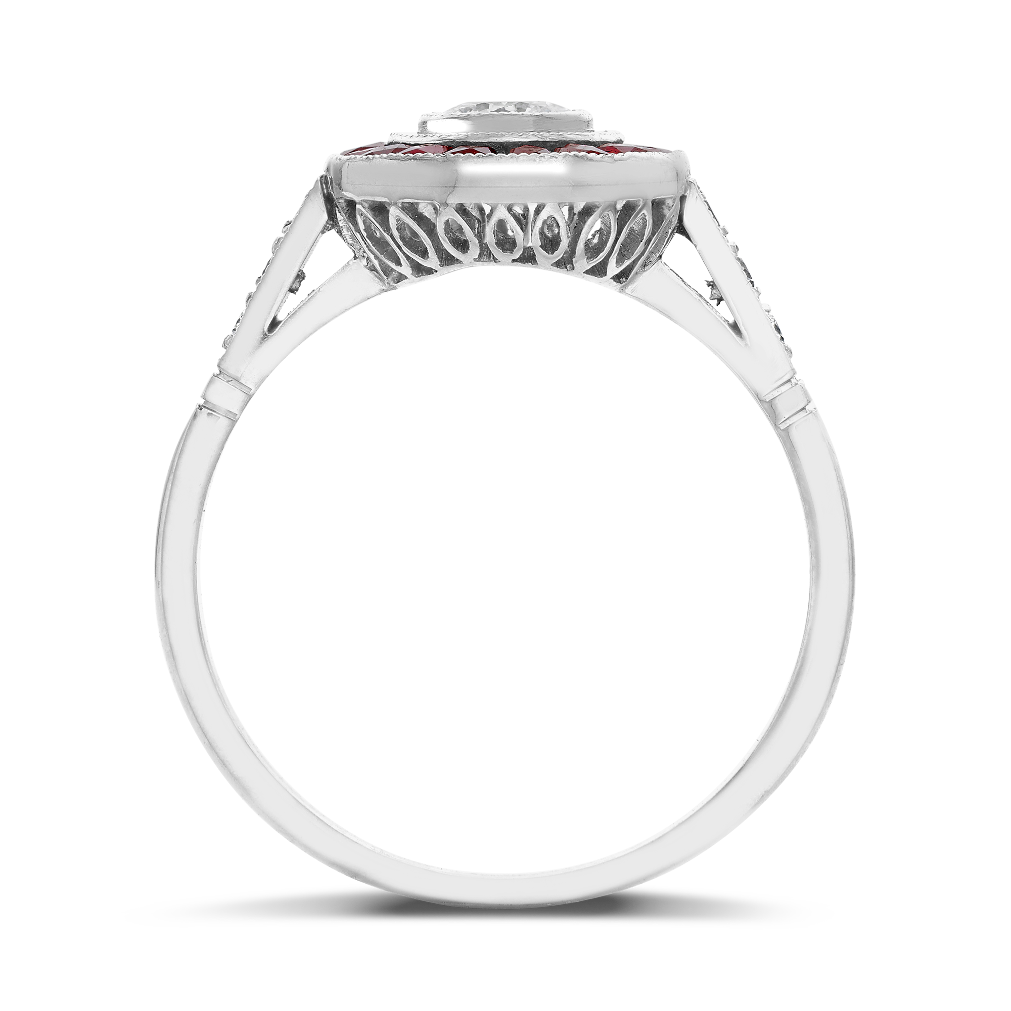 Art Deco Inspired Diamond & Ruby Target Ring Brilliant & Calibre Cut, Millegrain Set_3