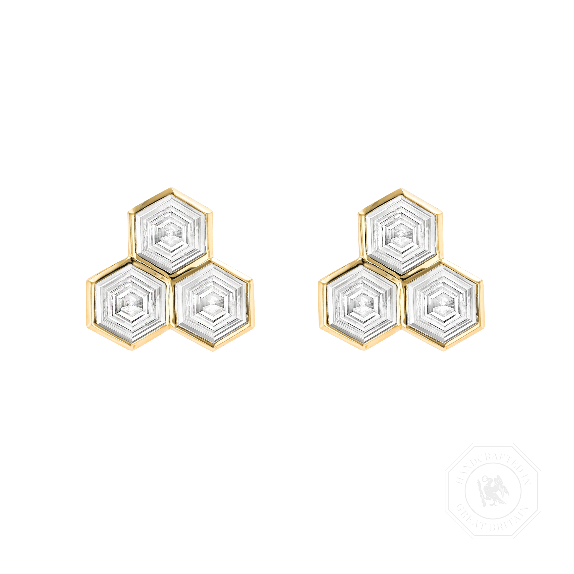 Honeycomb 1.85ct Diamond Trilogy Earrings Hexagonal Cut, Rubover Set_1
