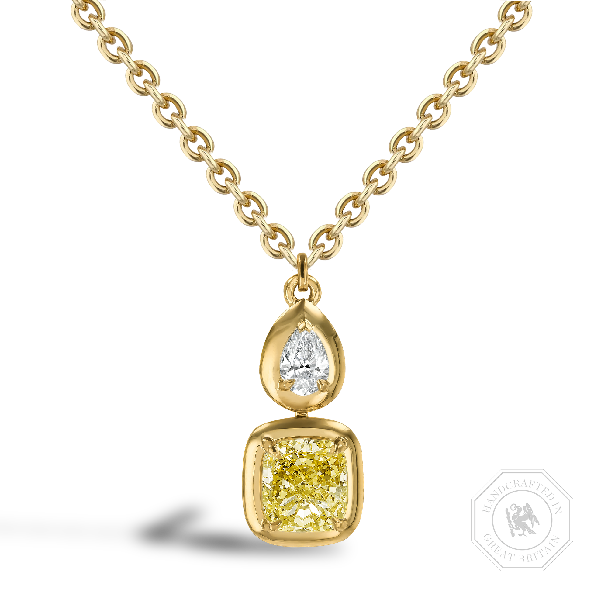 Skimming Stone 2.27ct Kimberley Yellow Diamond Pendant Cushion & Pear Shape, Claw Set_1