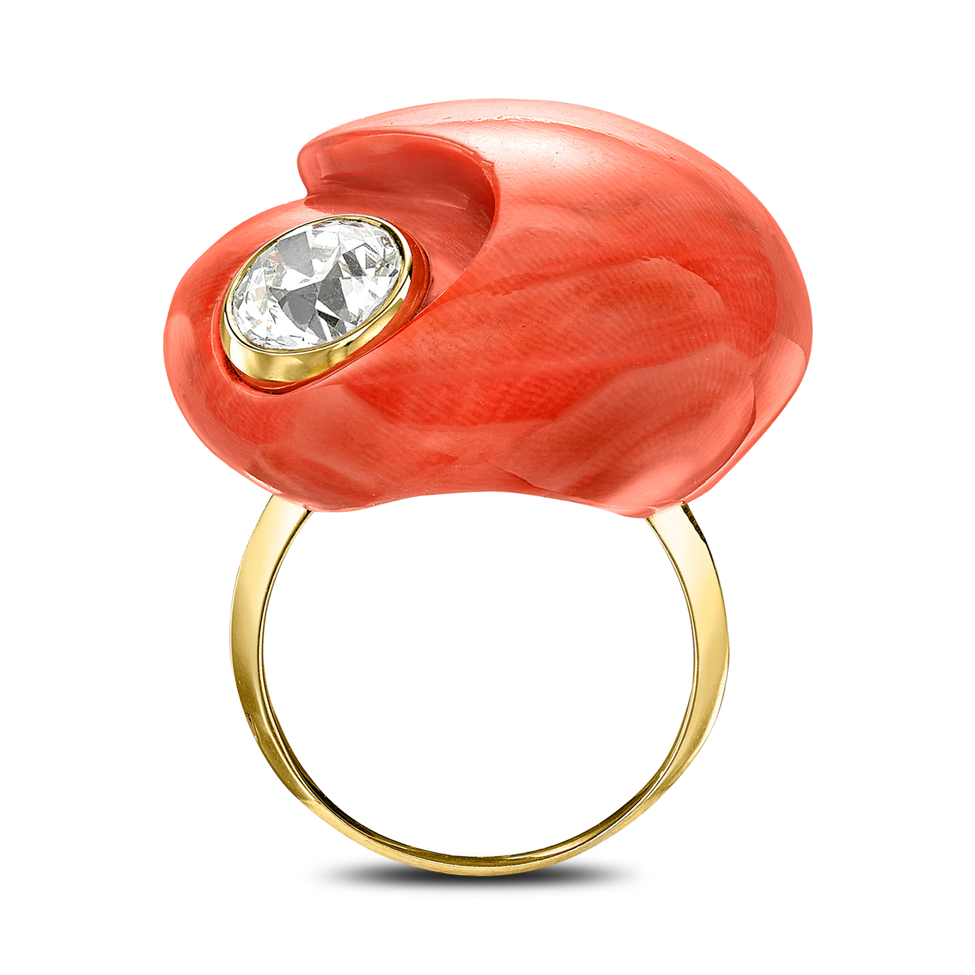 Art Deco Sterlé Coral & Diamond Ring Coral Cocktail Ring, with Brilliant Cut Diamond_3