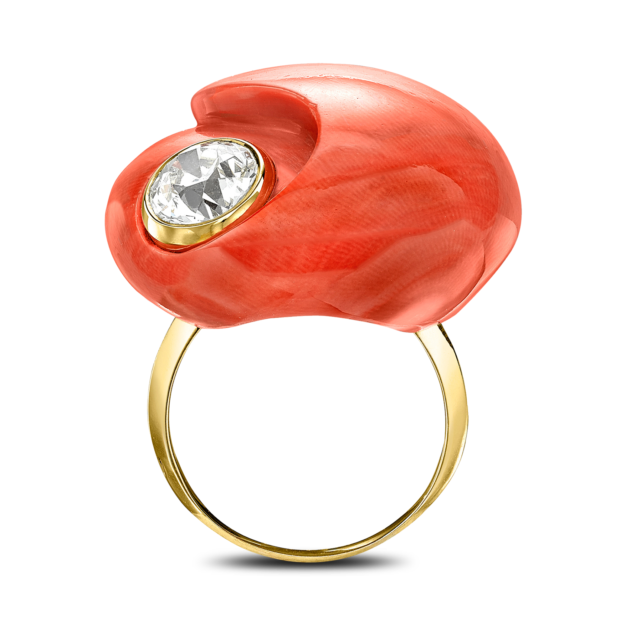 Art Deco Sterlé Coral & Diamond Ring Coral Cocktail Ring, with Old Cut Diamond_3