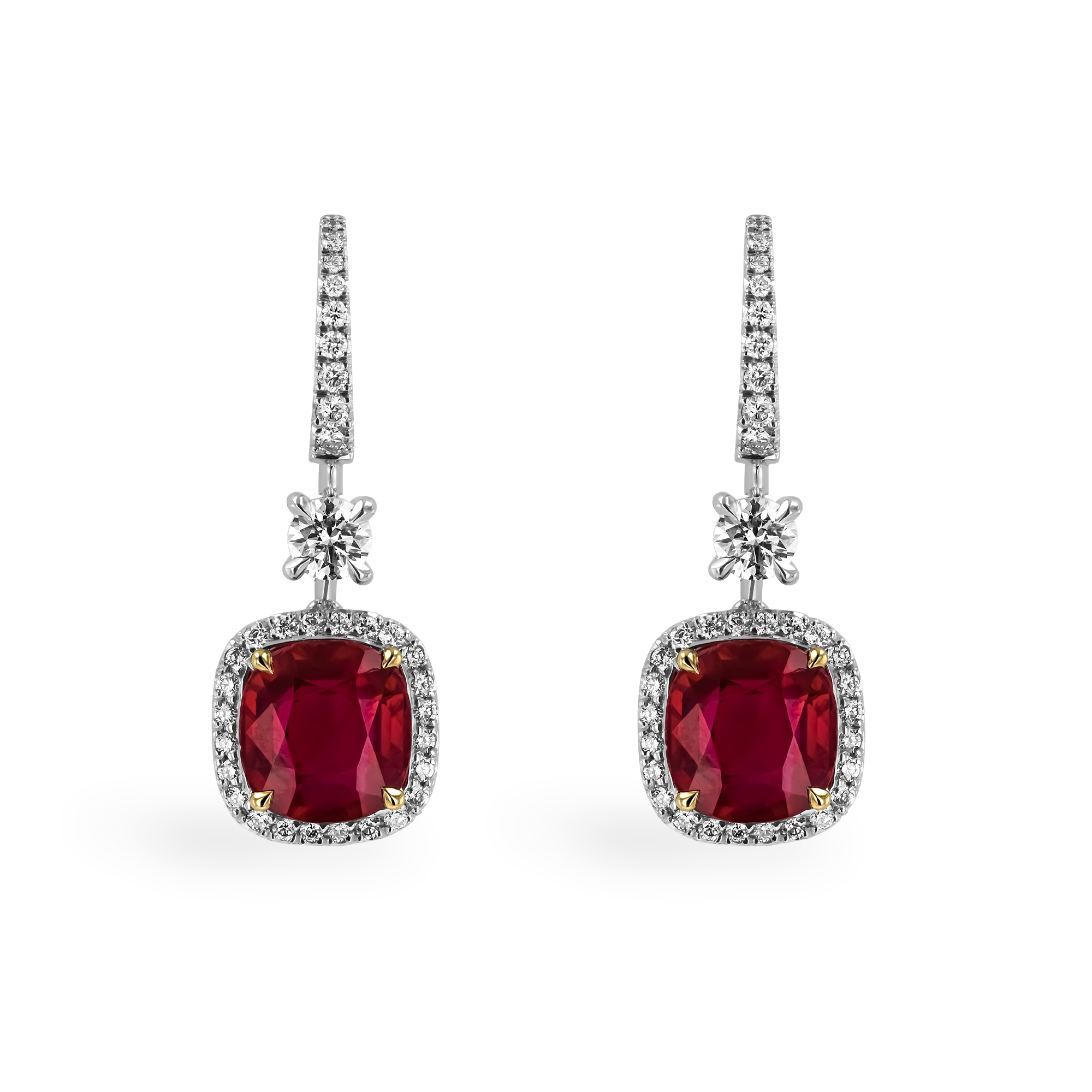 Masterpiece 4.47ct Burmese Ruby and Diamond Drop Earrings Cushion modern cut, Claw set_1