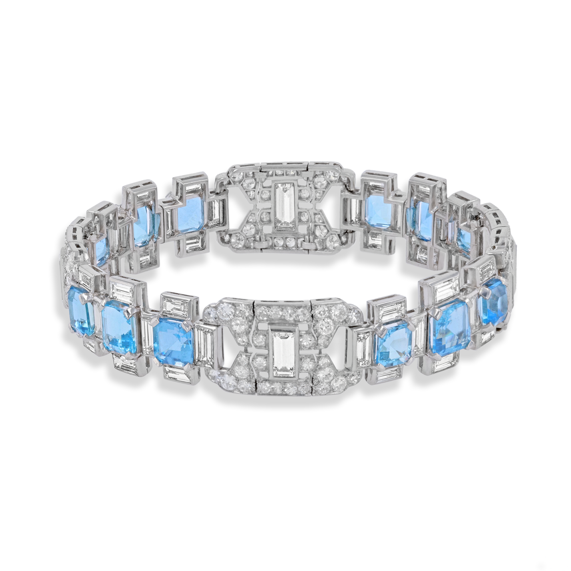 French Art Deco Aquamarine & Diamond bracelet Round Brilliant-cut & Baguette-cut Diamonds  Emerald-cut Aquamarines Grain & Rub-over set_1