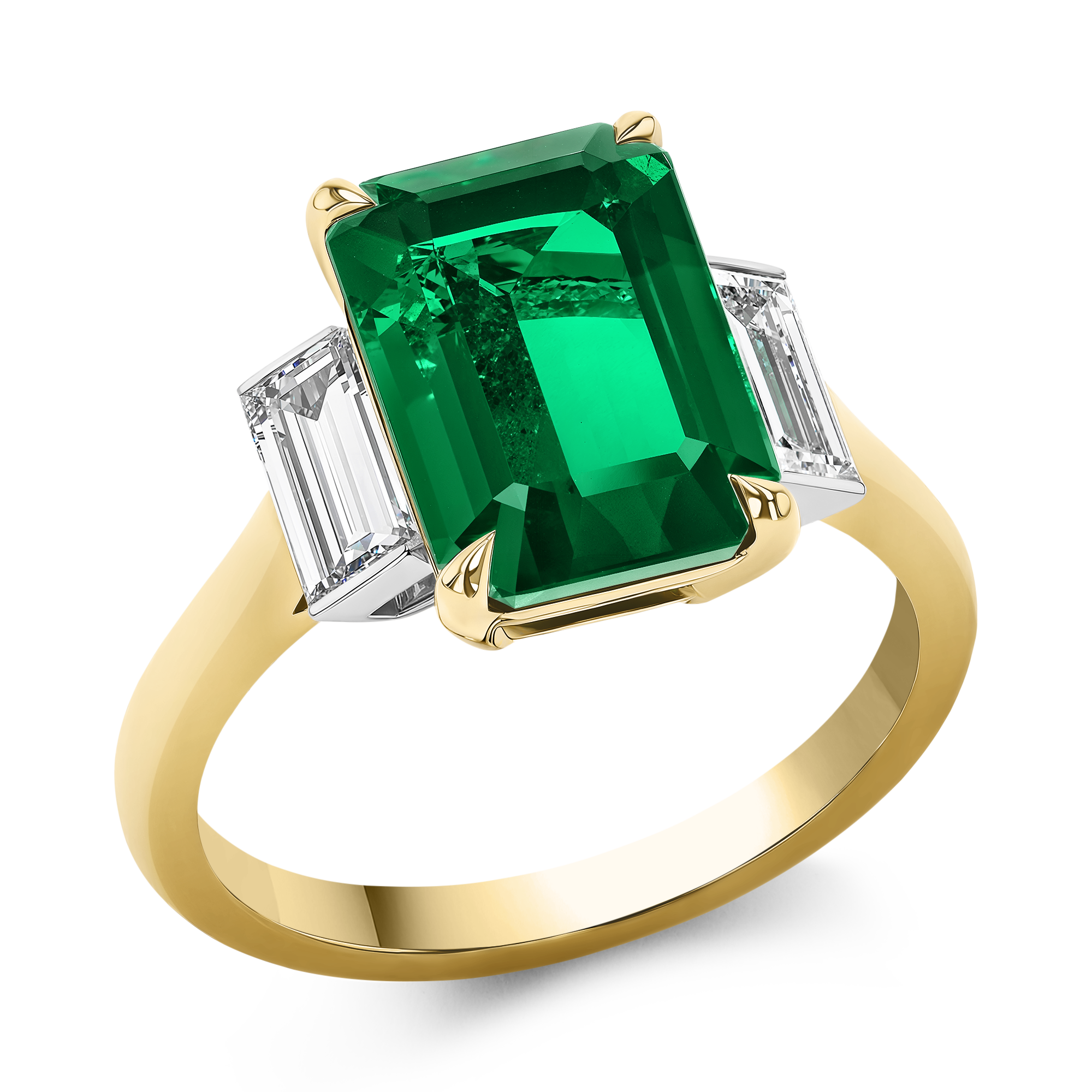 Octagonal 3.81ct Emerald and Diamond Three Stone Ring Octagon Cut, Claw Set_1