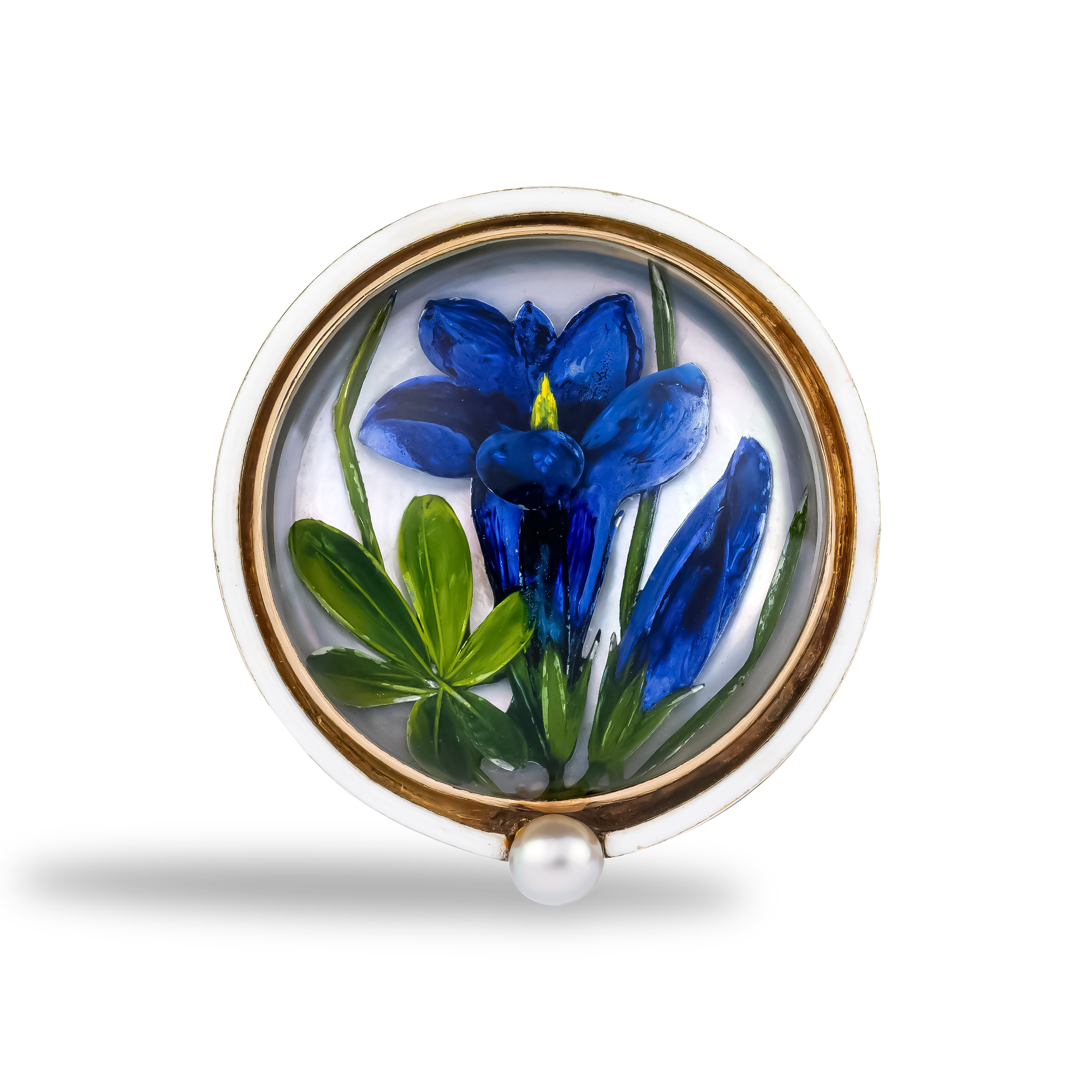 Belle Époque Austrian Crystal Brooch Rock Crystal with Painted Enzian Flower_1