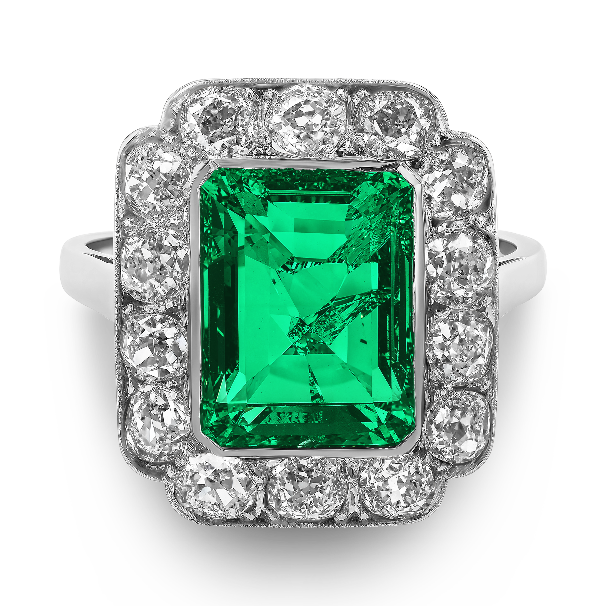 Edwardian 3.41ct Emerald and Diamond Cluster Ring Emerald Cut, Rubover Set_2