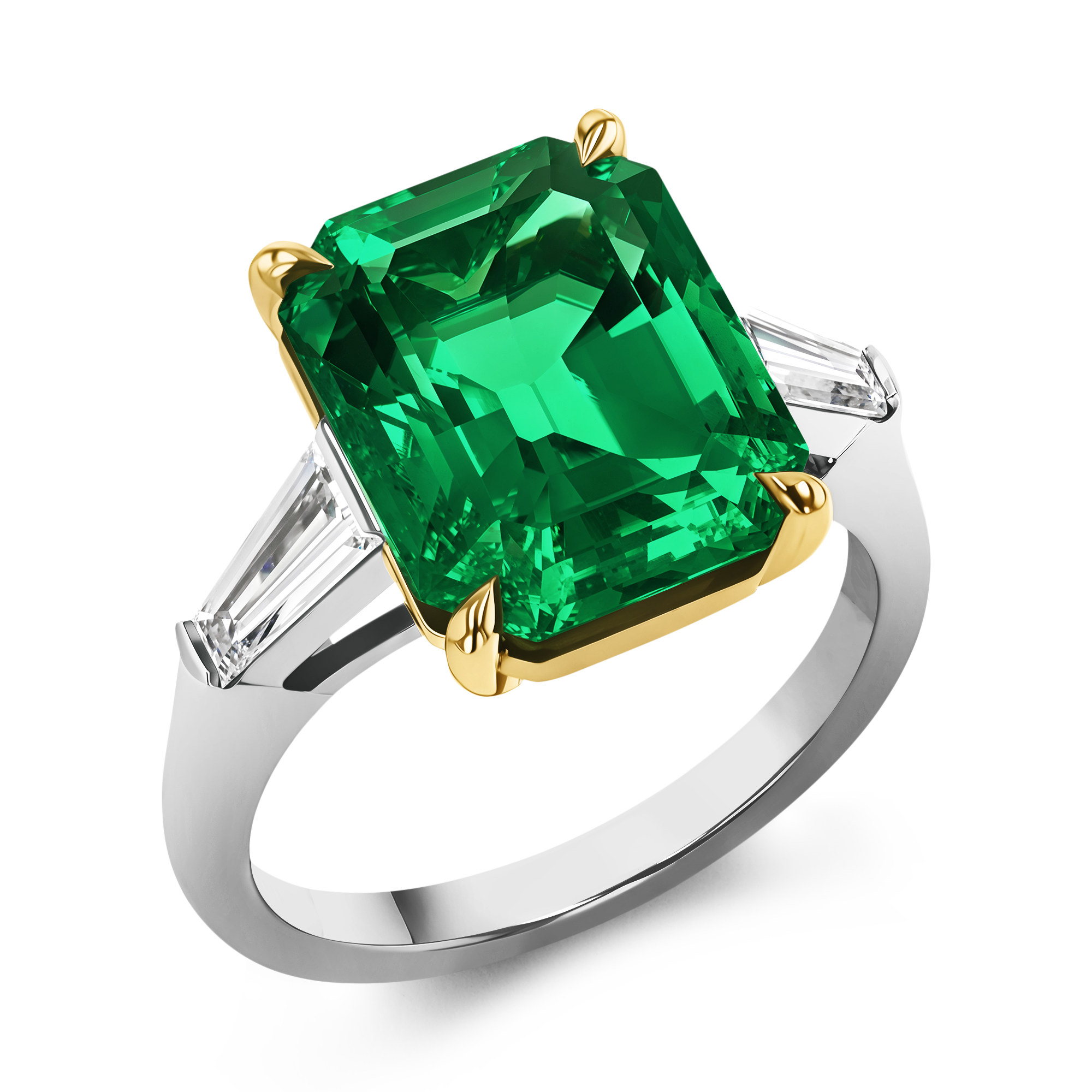 Masterpiece Octagonal Cut Colombian Emerald Ring Octagonal, Trapeze & Baguette Cut, Claw & Rub Over Set_1