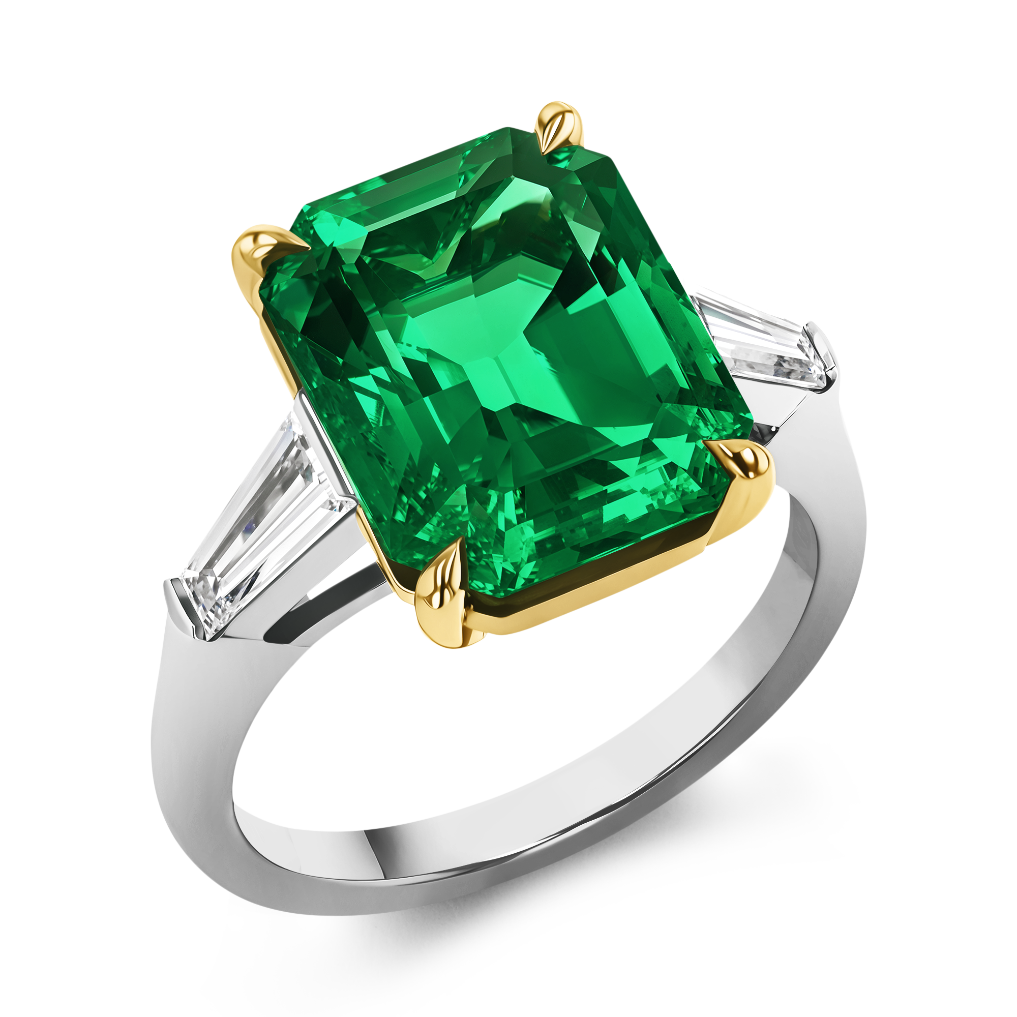 Masterpiece Octagonal Cut Colombian Emerald Ring Octagonal, Trapeze & Baguette Cut, Claw & Rub Over Set_1