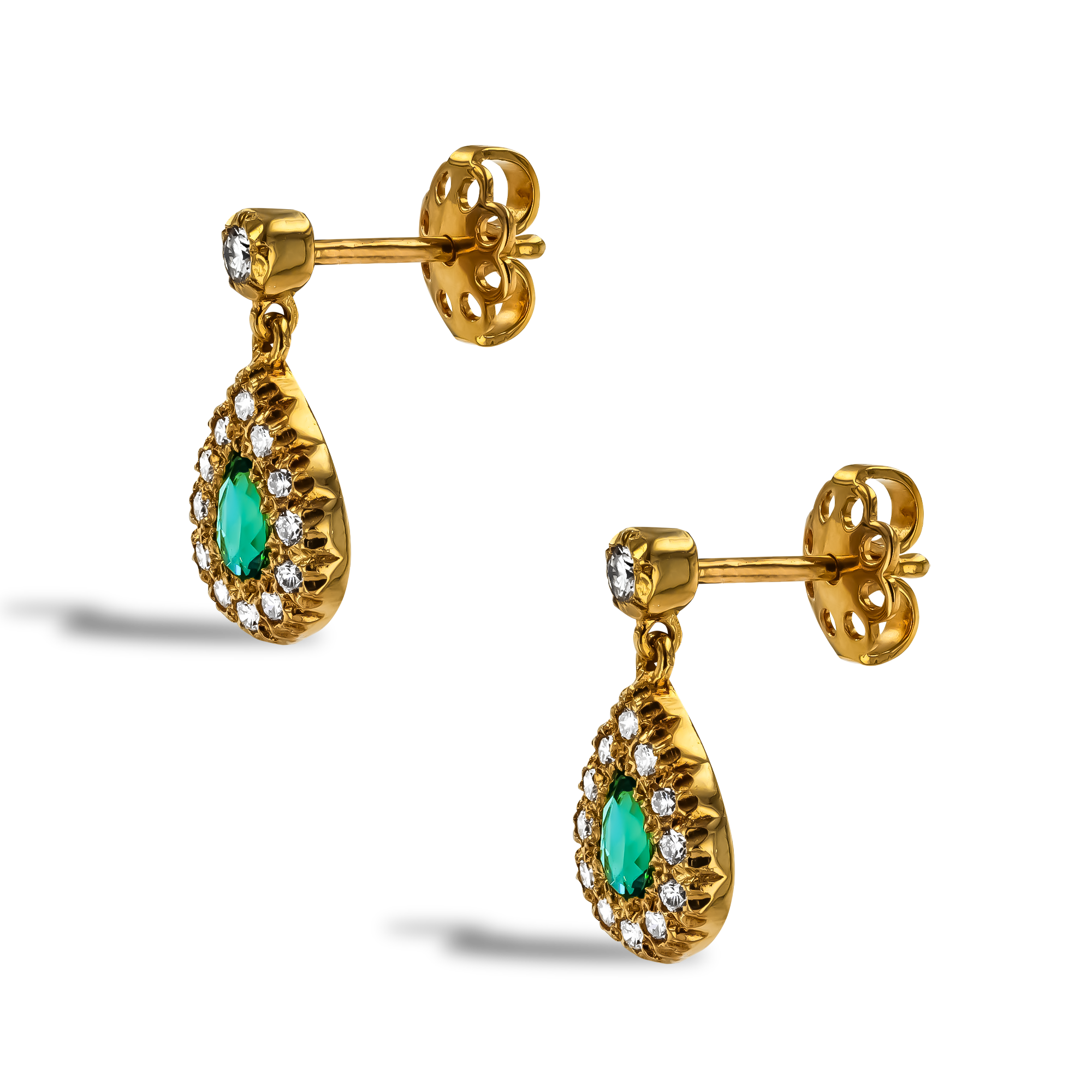Antique Inspired Pearshape 0.36ct Emerald and Diamond Cluster Drop Earrings Pearshape, Claw Set_2