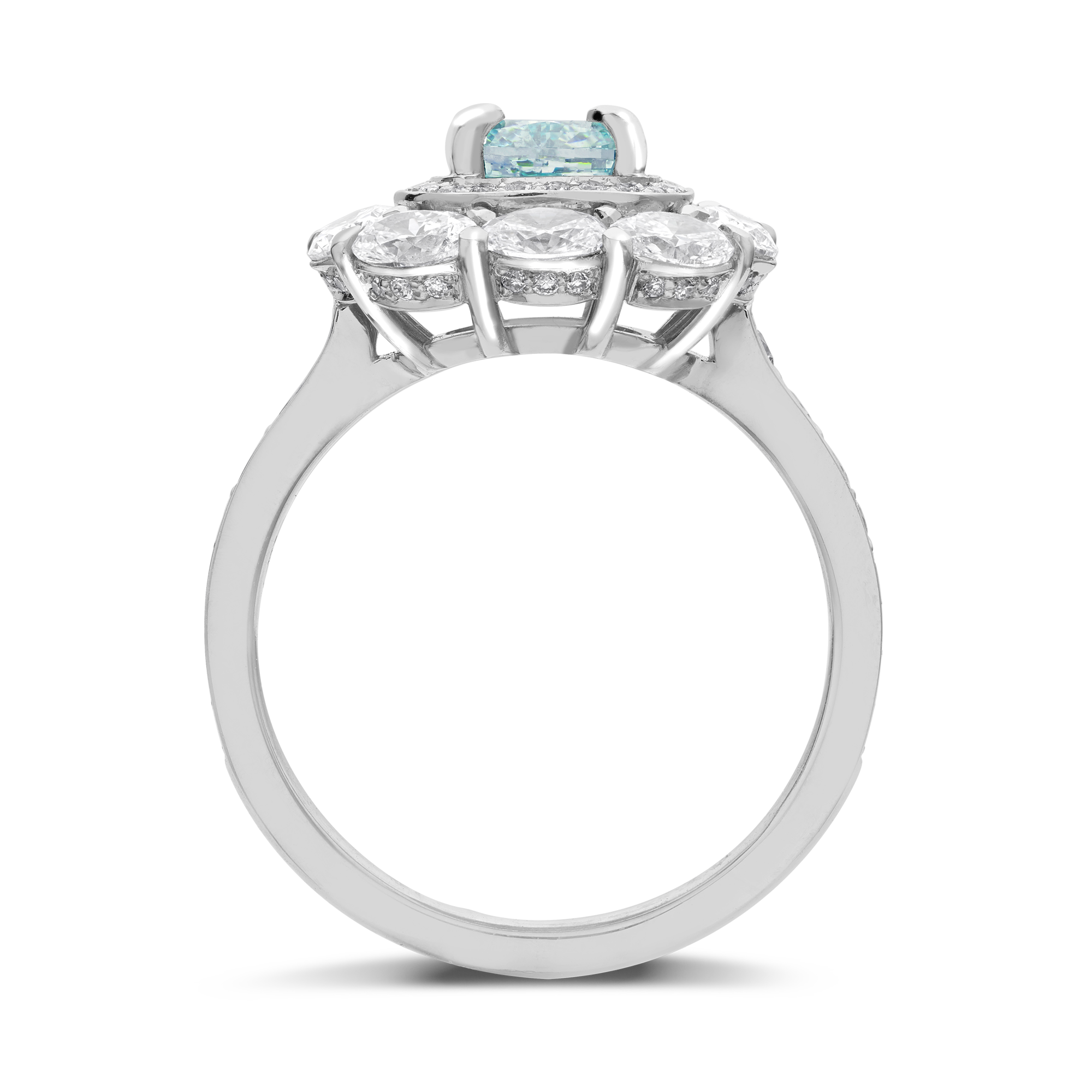Masterpiece Fancy Intense Blue-Green Diamond Ring Claw Set Cushion Cut Diamond with Oval and Brilliant cut Diamond Two Row Cluster Surround and Shoulders_3