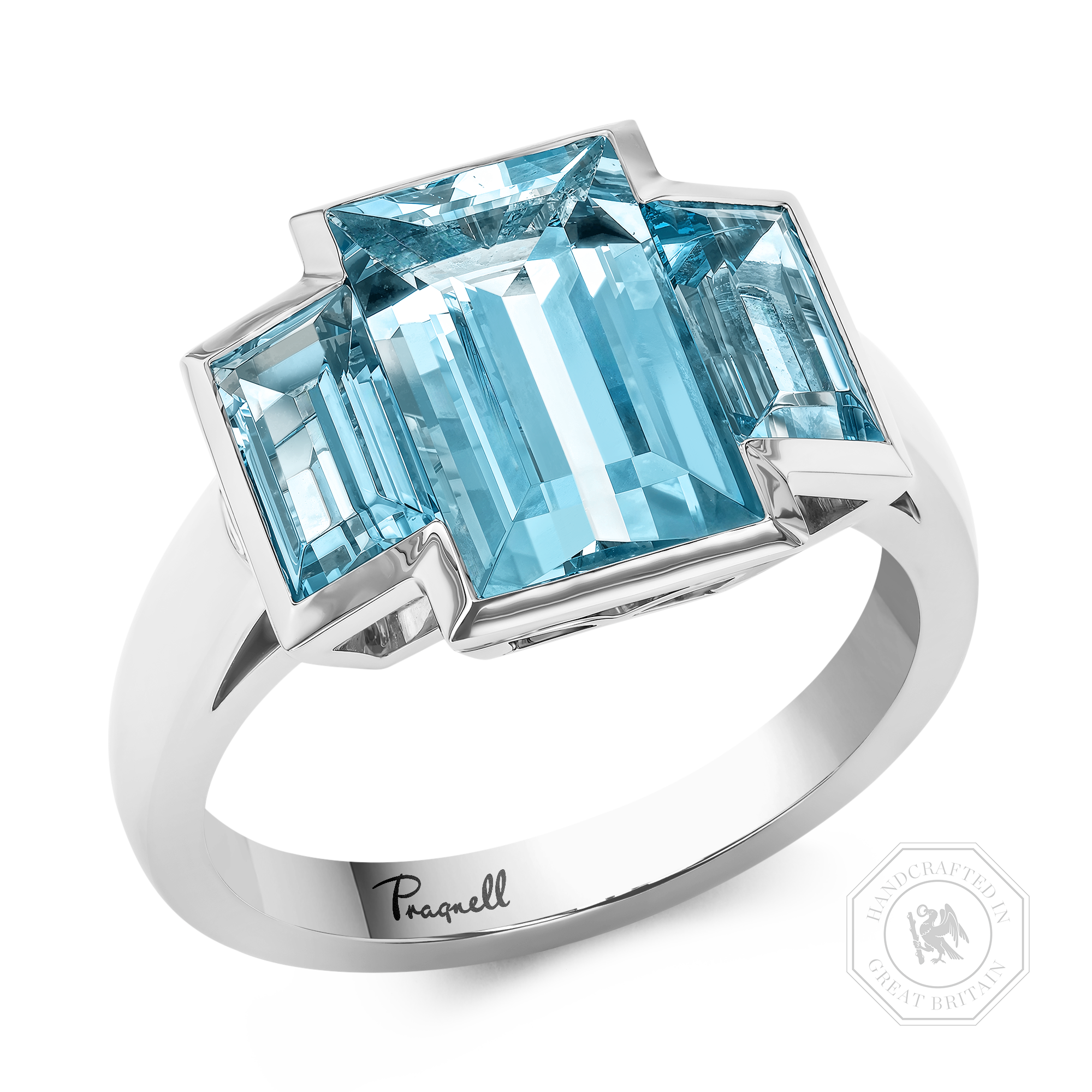 Kingdom 3.45ct Aquamarine Three Stone Ring Baguette Cut, Rubover Set_1