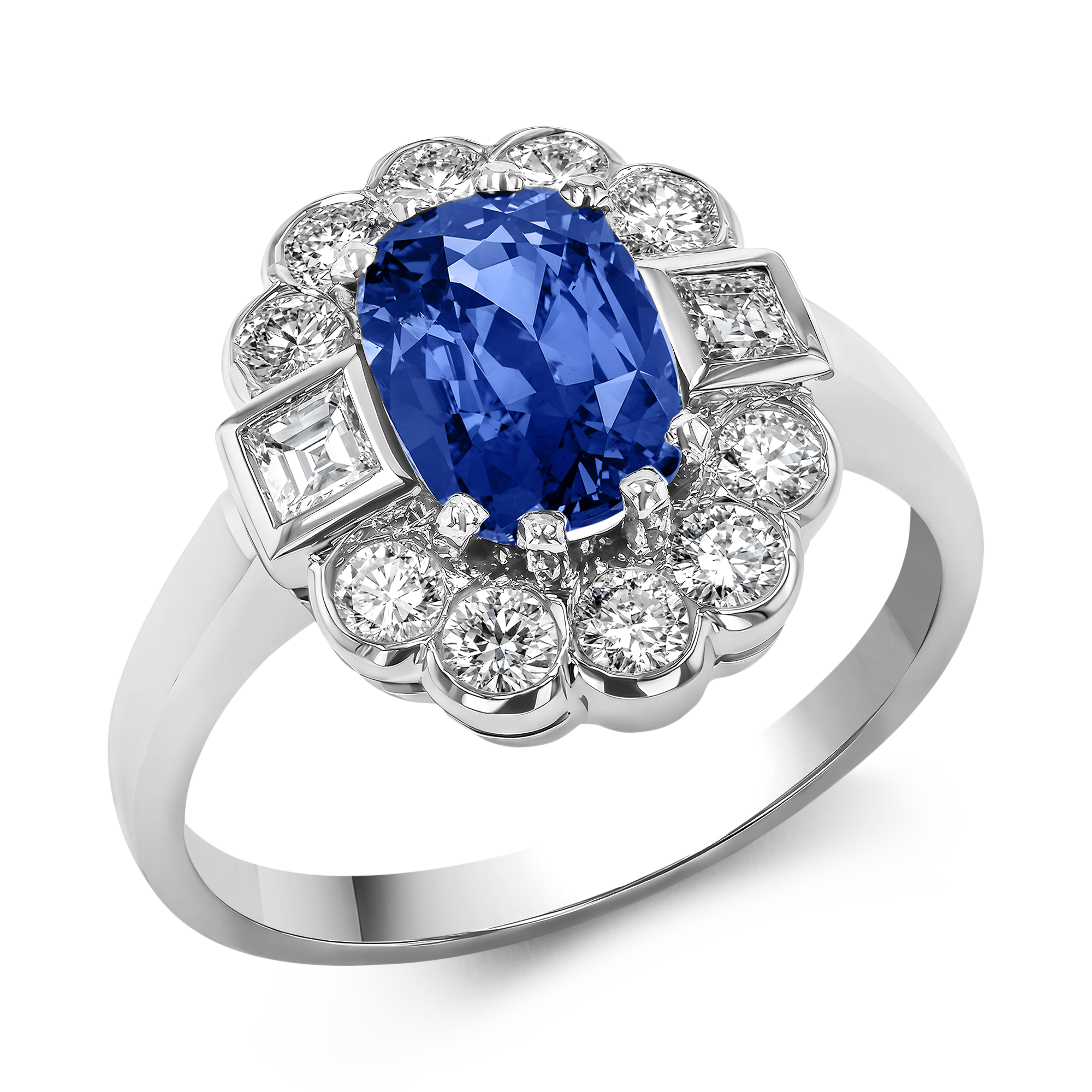 Art Deco Inspired 1.80ct Sapphire and Diamond Cluster Ring Oval Cut. Claw Set_1
