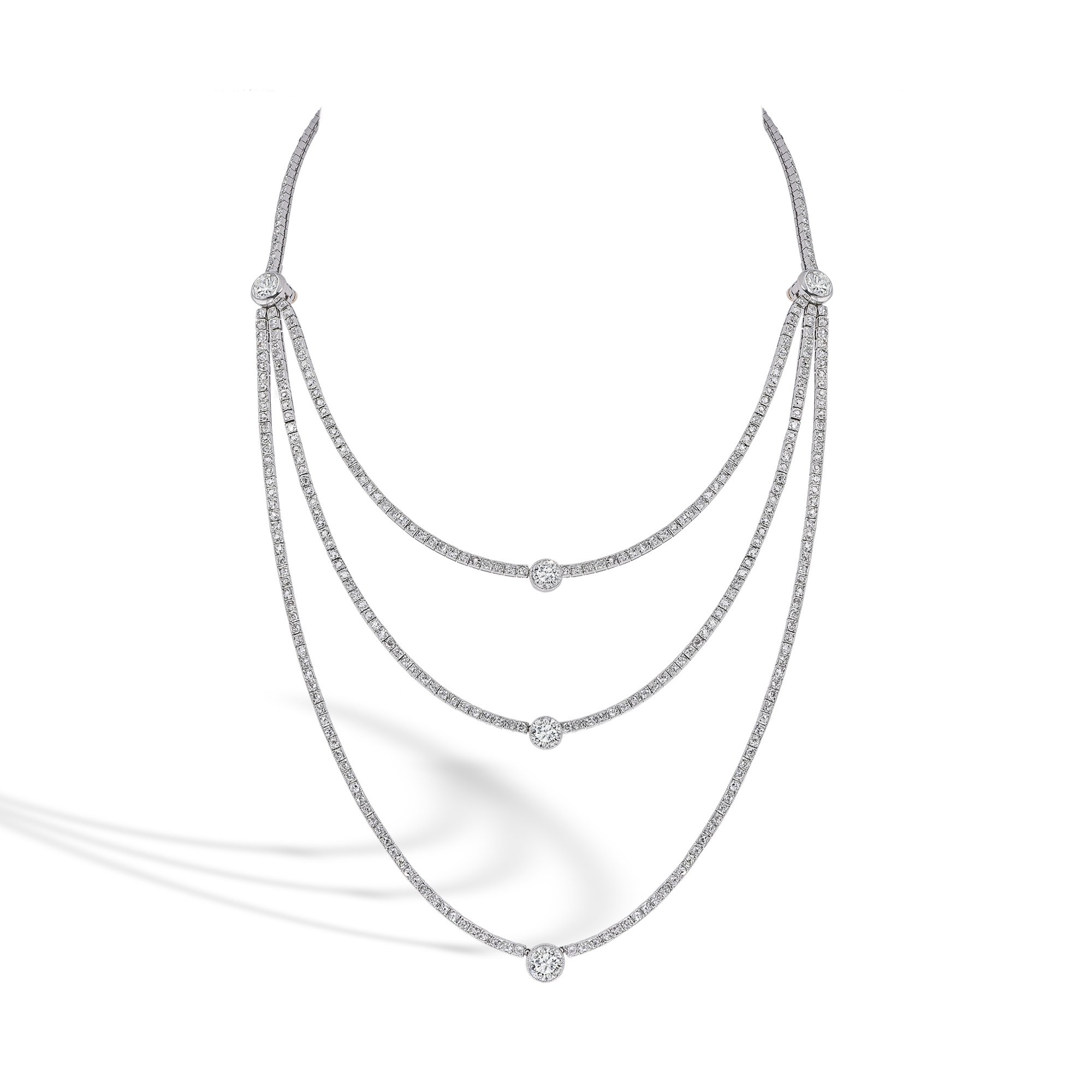 Edwardian Three Row Diamond Necklace Emerald Cut, Millegrain Set_1