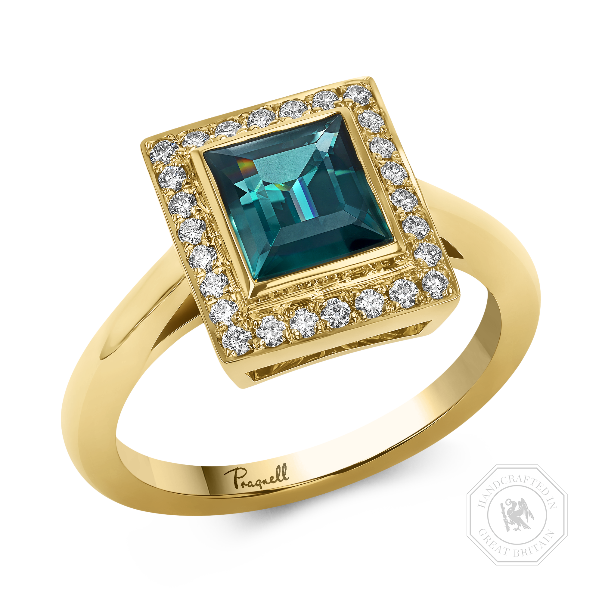 Square Cut 1.43ct Namibian Indicolite Tourmaline and Diamond Ring Square & Brilliant Cut, Rubover & Grain Set_1