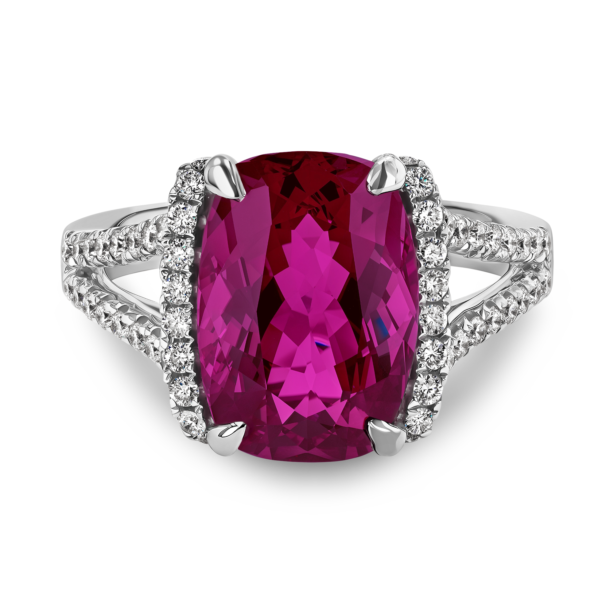 Pink Tourmaline and Diamond Ring with Diamond Set Shoulders Cushion Modern, Claw Set_2